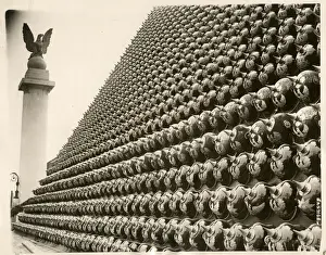 Conflict Prints: Pyramid of captured German helmets WWI New York. 1919