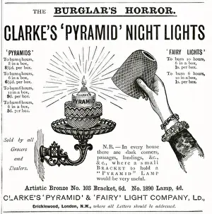 The Pyramid Night Lights, bronze bracket wall holder that burned for nine hours. Date: 1894