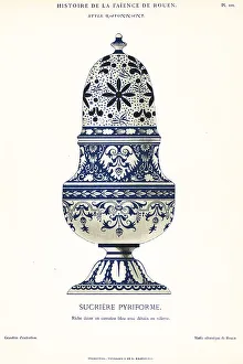 Earthenware Prints: Pyriform sugar box in blue camaieu, festoon style, Rouen