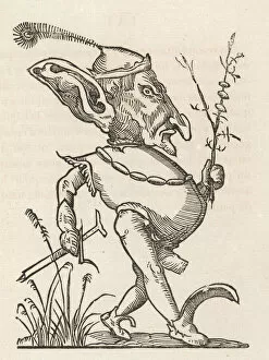 Rabelais Gallery: Quaremeprenant : (Lent faster), with enlarged ears, holding a thorny branch