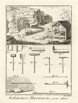 Encyclopedie Prints: Quarrymen plasterers and their tools, 18th century