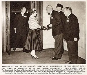 Queen Elizabeth II and the Duke of Edinburgh are greeted at the British Legion's Festival of Remembrance at the Royal Albert Hall by President of the Legion Sir Ian Fraser. Date: 1955
