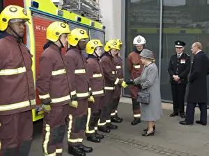 Queen Elizabeth II meeting firefighters on parade, LFB HQ