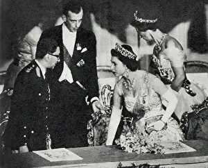 Seats Prints: Queen Elizabeth II takes her seat in the royal box of the Royal Opera House alongside King Mahendra of Nepal for a Gala
