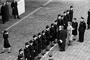 Inspects Prints: Queen Elizabeth inspects firewomen on parade, WW2