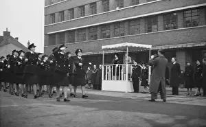 Queen Elizabeth reviews firewomen at Lambeth, WW2