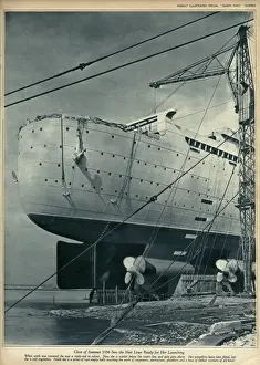 Shipbuilding Prints: Queen Mary Ocean Liner, nearly ready for launching