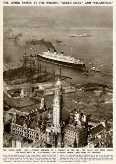 Oceanic Prints: Queen Mary Ocean Liner, passing French liner L Atlantique
