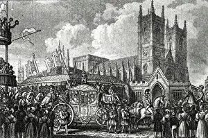 Begins Prints: Queen Victoria arrives at Westminster Abbey for Coronation