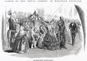 Launching Collection: Queen Victoria naming the ship Royal Albert at Woolwich Dockyard in London. Date: 1854