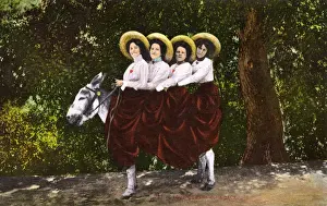 Bizarre Prints: Four Queens on a Jack - Four Women riding a donkey