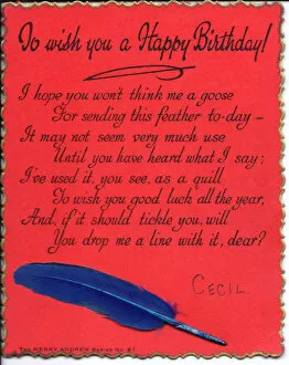 Quill pen with comic verse on a birthday card