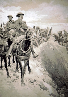Accomplished Gallery: R F A mule-teams pulling limbers over a shell torn track