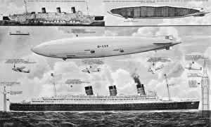 Idea Prints: R. M. S. Queen Mary, Hindenburg and Big Ben, 1936