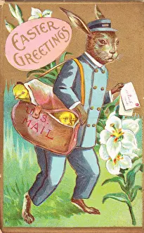 Rabbit postman delivering chicks on an Easter postcard