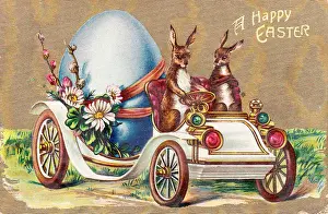 Rabbits in a car on an Easter postcard