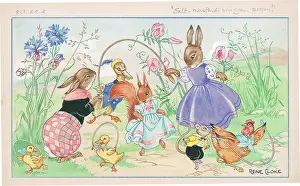 Mice Prints: Rabbits, ducklings, mice and hen playing with skipping rope