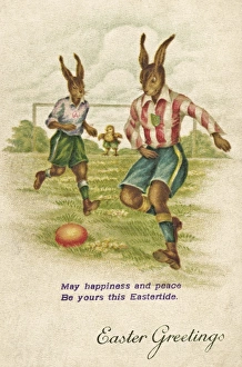 Images Dated 20th February 2017: Rabbits playing football on an Easter postcard