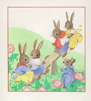 Rosamund Prints: Rabbits on seesaw Children's Postcard design