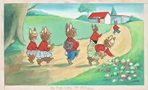 Rabbits walking along a path, picking flowers