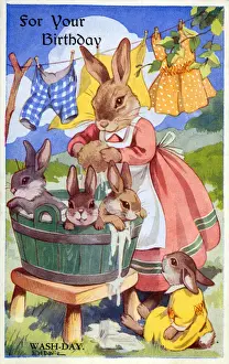 Sunny Prints: Rabbits Wash-Day - Birthday Greetings Postcard Date: 1944