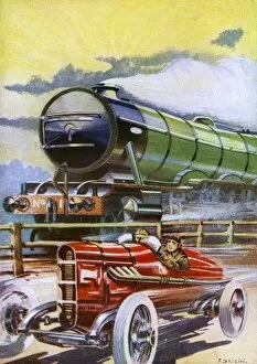 Race - steam train and racing car, 1920s