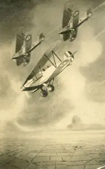 Airforce Prints: Three RAF Hawker aircraft diving in formation. Date: circa 1930s
