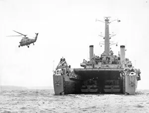 Westland Collection: An RAF Westland Wessex flies over HMS Fearless (L10) at ?