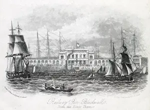 The Railway Pier, Blackwall, viewed from the Thames. A paddle steamer