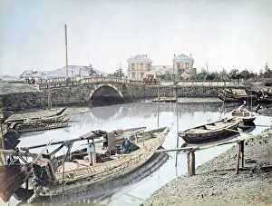 Railway station and Shinbashi bridge, Japan, circa 1880s. Date: circa 1880s