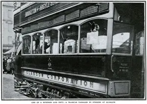 Tramcars Prints: Railway strike 1911: Tramcar damage by strikers at Glasgow
