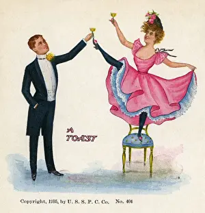 Toasting Prints: Raising a Toast - Can Can Dancer and smart gent