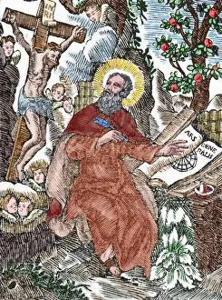 Crucifixion Prints: Ramon Llull (1235-1316). Colored engraving