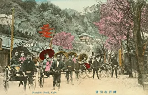 Rickshaw Collection: A rank of Rickshaws on Nunobiki Road, Kobe, Japan