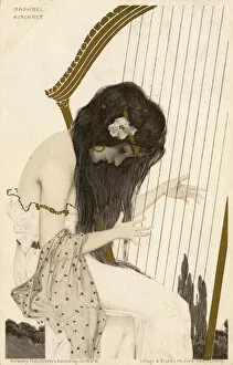 Glamorous Collection: Raphael Kirchner - Art Nouveau Girl playing the harp