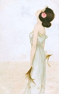 Expression Gallery: Raphael Kirchner - Art Nouveau lady holding looking upward