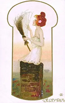Auburn Prints: Raphael Kirchner - Pretty lady on a Chimney with broom harp