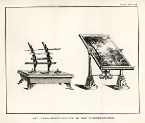 Reading lectern with landscape and ink stand with inkwell with q
