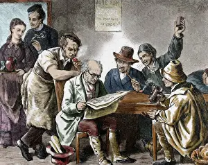 Tobacco Prints: Reading the newspaper in the tavern. Colored engraving, 1876