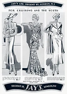 Belted Prints: Three ready to wear cruising outfits for women. Date: 1935