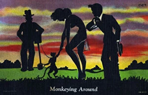Dusk Collection: A really very bizarre silhouette postcard depicting a man with a dancing monkey