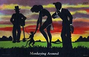 Dusk Prints: A really very bizarre silhouette postcard depicting a man with a dancing monkey