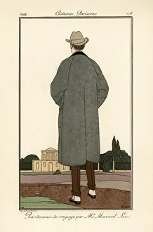 Taffetas Prints: Rear view of man in travel overcoat by Marcel Lus