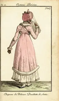 Cosy Prints: Rear view of a woman in a velvet hat and satin coat, Paris, 1803