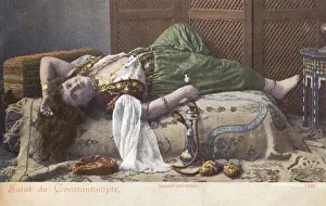 Divan Prints: Reclining Oriental Beauty with Hookah Pipe