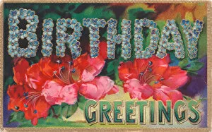 Lily Gallery: Red and blue flowers on a birthday postcard