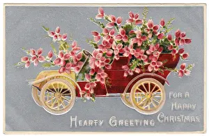 Red car full of flowers on a Christmas postcard