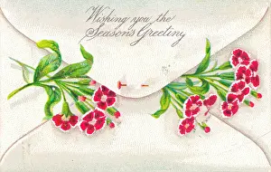 Pinned Prints: Red flowers in an envelope on a Christmas card