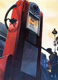 Filling Prints: Red Gas Pump with Serivice Man filling up car with the hose Date: 1935