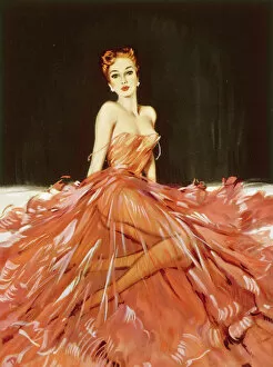 1952 Gallery: Red-headed girl seated in a sheer red dress